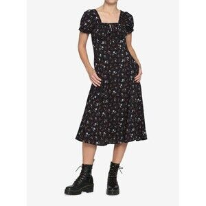 Hot Topic ‎ Black Red Rose Midi Dress 2X Fairy Goth Grunge Dark Floral